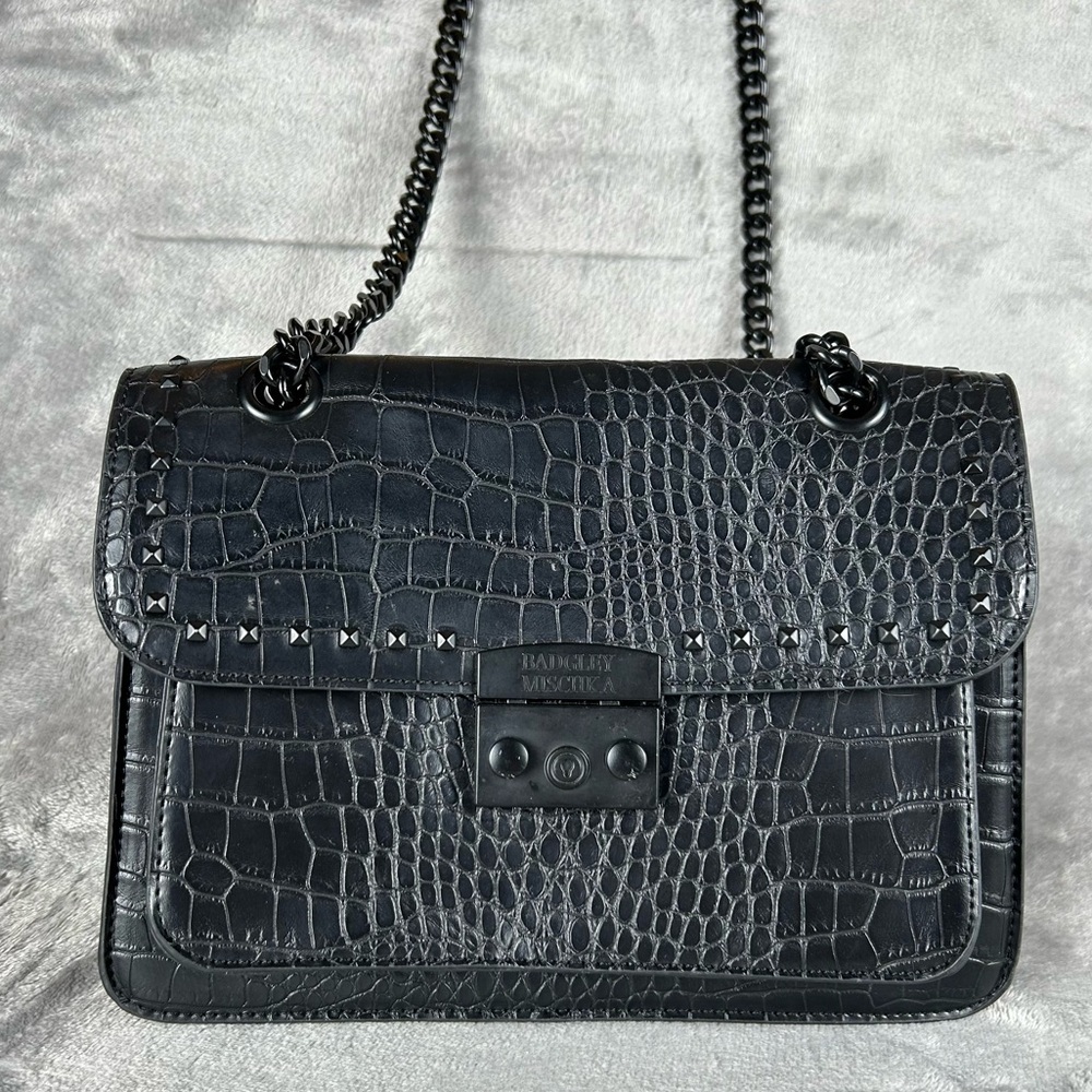 Badgley Mischka Black Croc-Embossed Crossbody Bag